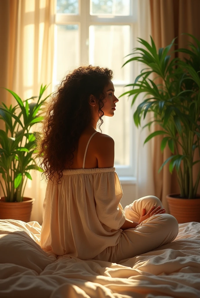 (photorealism:1.2), beautiful woman, sitting on bed, wearing loose off-shoulder top, pajama pants, long curly hair, indoors, soft lighting, plants in background, window with sunlight, cozy room, relaxed pose, realistic, intricate details, warm colors, by Greg Rutkowski, by Alphonse Mucha