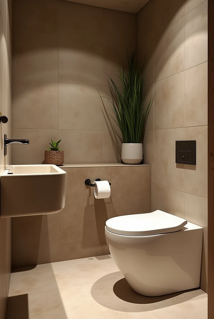 Please design me a toilet, wabi sabi style, modern and fully equipped. gentle design, nature.