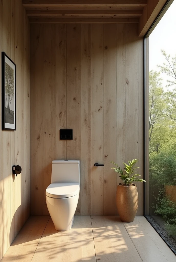 Please design me a toilet, wabi sabi style, modern and fully equipped. gentle design, nature.