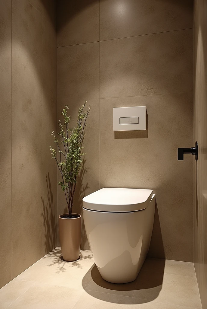 Please design me a toilet, wabi sabi style, modern and fully equipped. gentle design, nature.