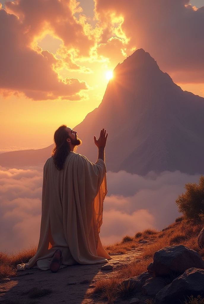 (Photorealism:1.2), Mount Sinai. cloud, sky. Moses meets God. Moses Approaches the Mountain. Make the clothes longer. Make people big. Moses praying. Figure big. 업드려서 Moses praying
