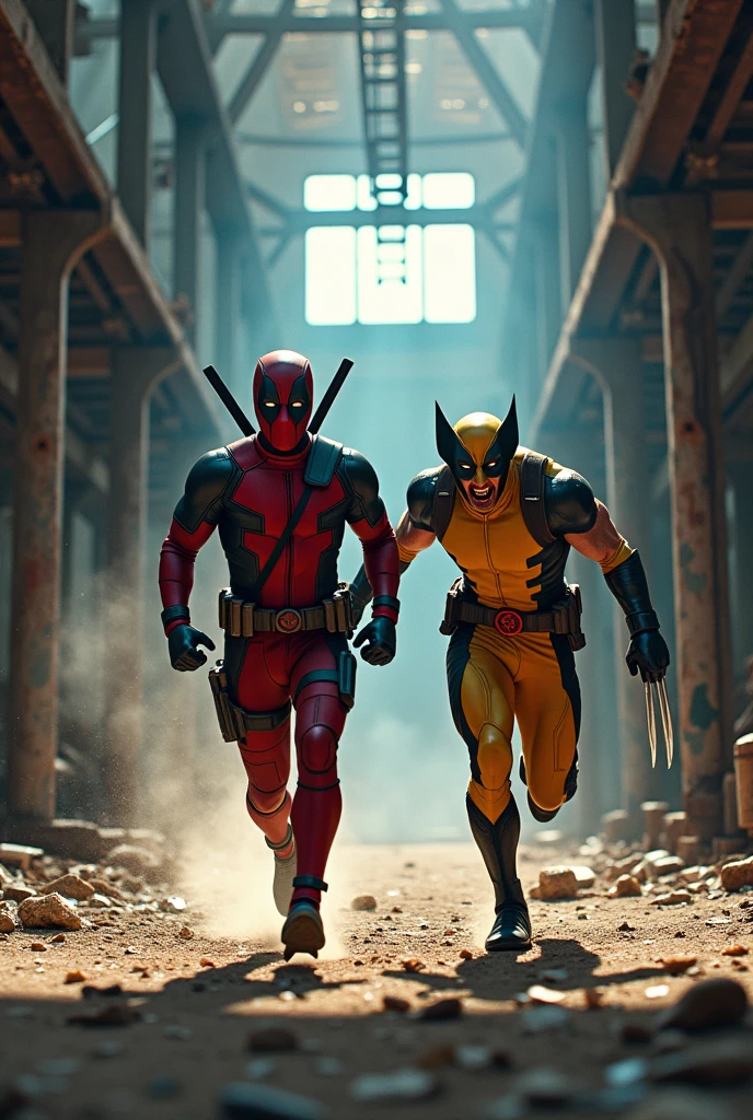 (photorealism:1.2), (HDR quality image), (realism), (detailed parts), the deadpool is running scared chasing by the wolverine is jumping high to catch him, in the old factory warehouse, bright and blue sky