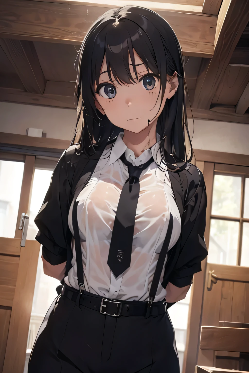 1 female, , high quality, masterpiece, Ultra-high resolution, , Cinema Lighting, , , And the suspenders with the cranes flying　　　Large Breasts　 　 　　　　Small face　 　　　holster　　　　　　　 Lying in bed　Looking up　　　　Sweat 　　　belt　summer　脇Sweat 　Black Hole Gloves　suit　shirt　　Black jacket　 Black trousers　Leg Links　ズボンにbelt　　holster　 　　Hands behind your back　 Anxious expression　Looking up　Anxious face, legs apart　Armament　　Cable ties　レッグholster　holster　See-through clothing　heavy rain　Getting wet in the rain
