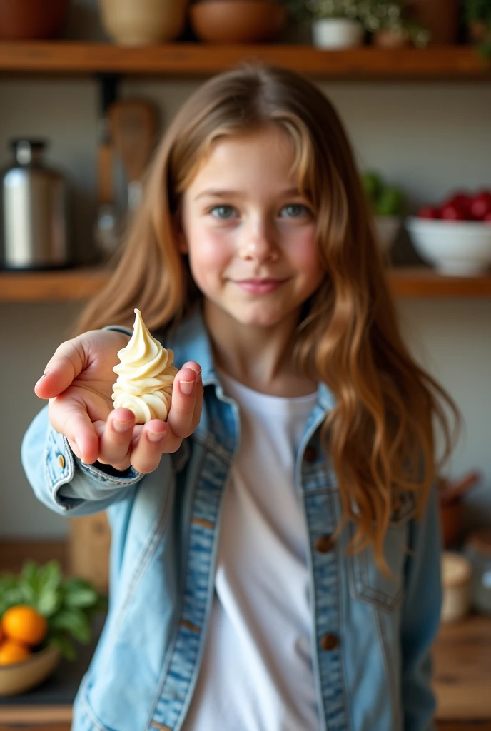 A girl of 21 showing creamy paste in her hand, showing its viscosity on the palm of other hand