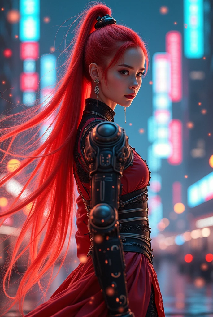 Techno yin yang character with long red hair Chinese girl