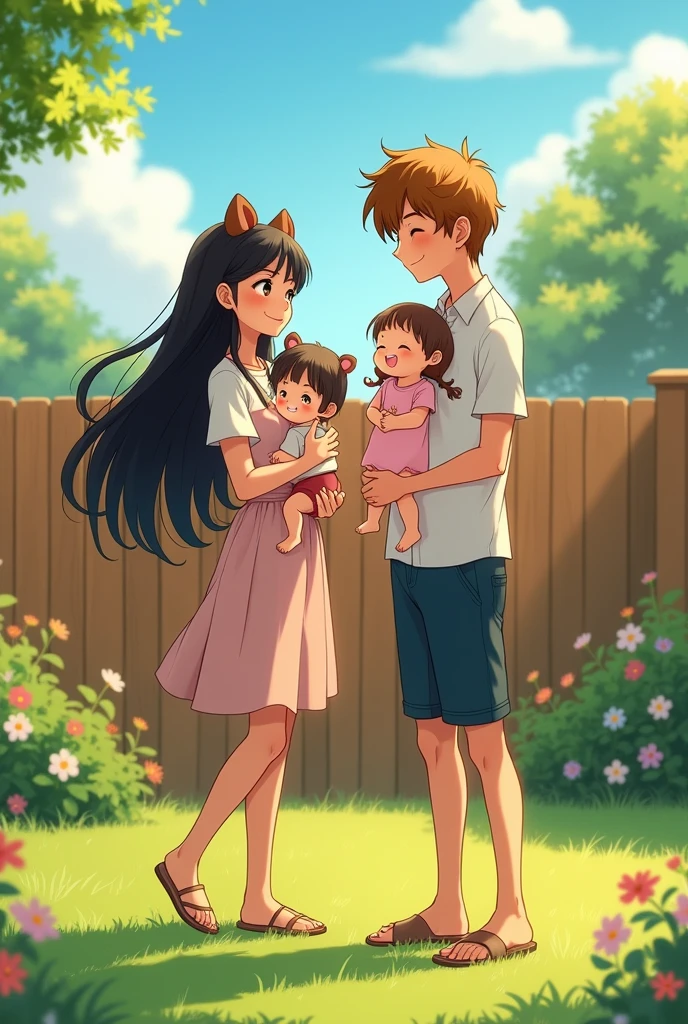 An anime woman with long black hair and brown cute bear ears and she is holding her baby son in her arms and she is standing with her husband he has brown-blonde hair and he is holding his toddler daughter and they are standing in their backyard 