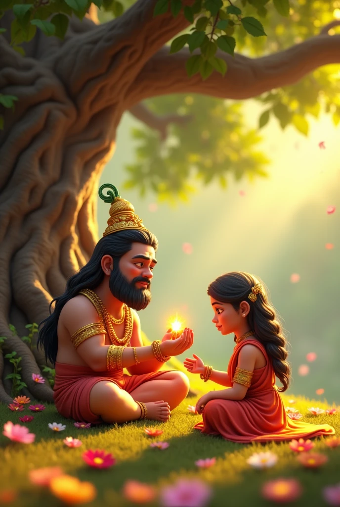 In cinematic cartoon 3d style
Small size lord Hanumanji is seen handing a ring to a sorrowful Sita, who is sitting under a tree in the Ashok Vatika, surrounded by beautiful flowers but looking distressed.