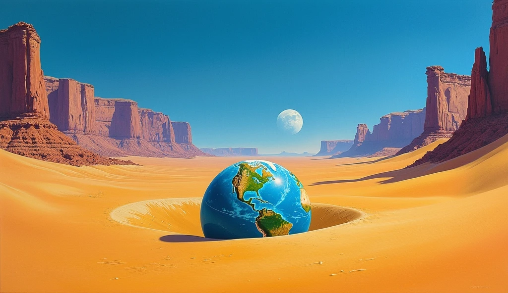 A painting by Roger Dean of a vast expanse of desert with a pearl shaped like the planet Earth, half buried in the sand.