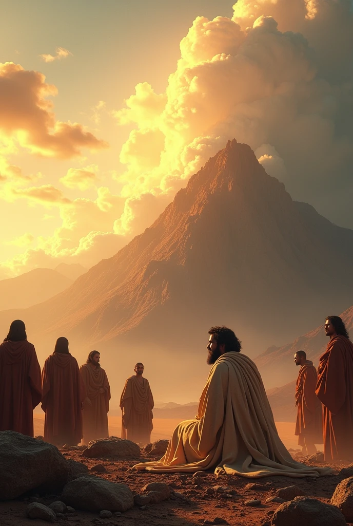 (Photorealism:1.2), Mount Sinai. cloud, sky. Moses meets God. Moses Approaches the Mountain. Make the clothes longer. Make people big. Moses praying. Figure big. 업드려서 Moses praying
사람 더 크게.