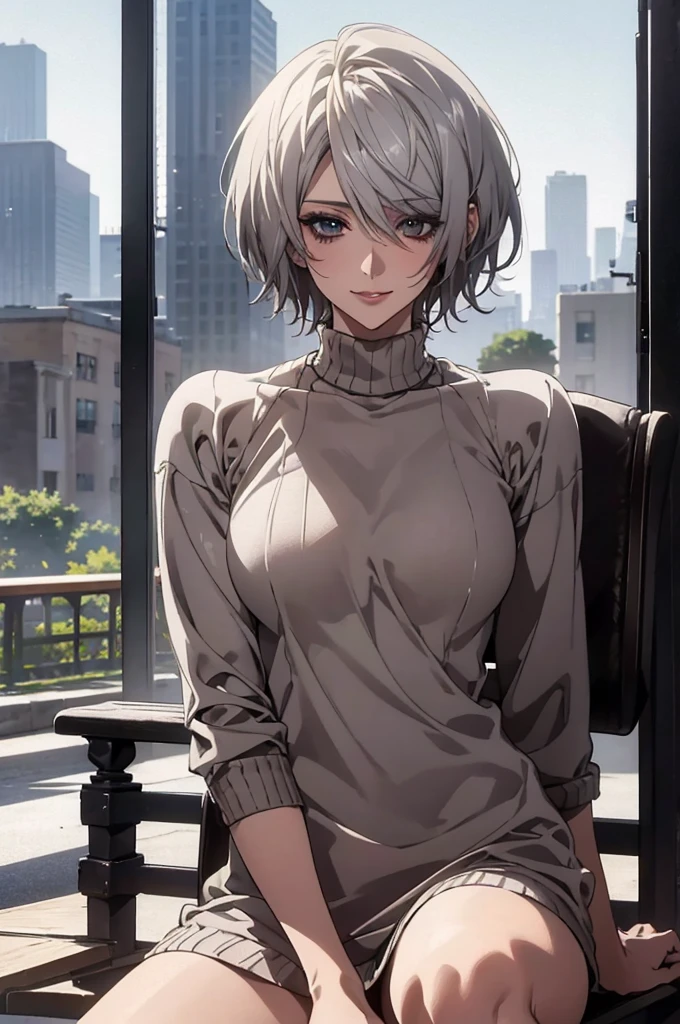 (Highest quality, High resolution, Very detailed), Realistic, Very beautiful 8K, CG wallpaper, Silver Hair, Super short hair, sweater dress, Large Breasts, Perfect Makeup, 24th generation, Beautiful woman, mature, quiet, Calm, A small smile, city Street, sitting, spread legs,