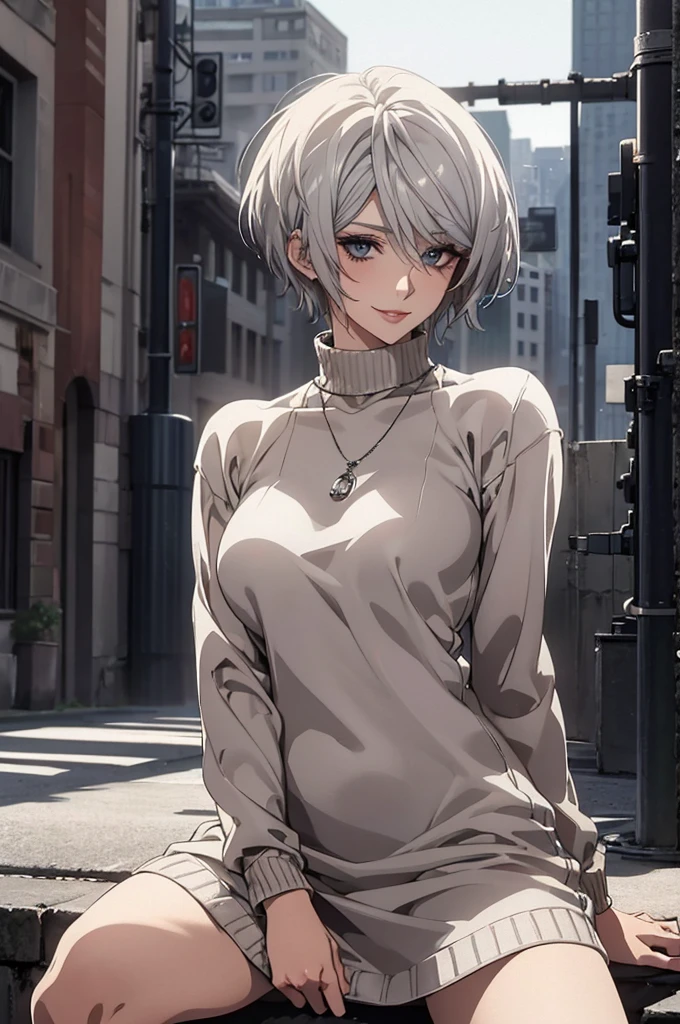 (Highest quality, High resolution, Very detailed), Realistic, Very beautiful 8K, CG wallpaper, Silver Hair, Super short hair, sweater dress, Large Breasts, Perfect Makeup, 24th generation, Beautiful woman, mature, quiet, Calm, A small smile, city Street, sitting, spread legs,