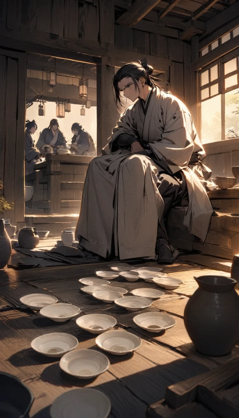 "A samurai surrounded by empty sake cups, his hand resting on the hilt of his katana. The scene is set in a rustic, dimly lit inn, with a sense of underlying tension in the air."