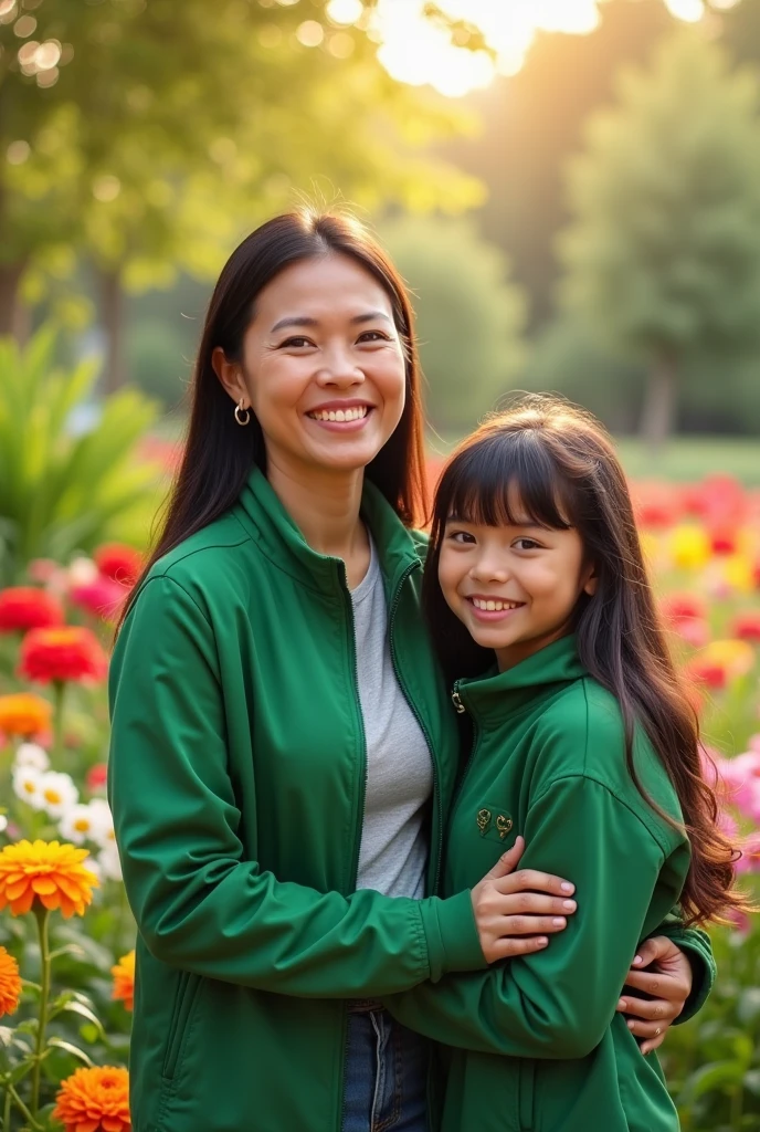 Real pinay mother with daughter 7 yearsold together wearing green jacket standing with background garden