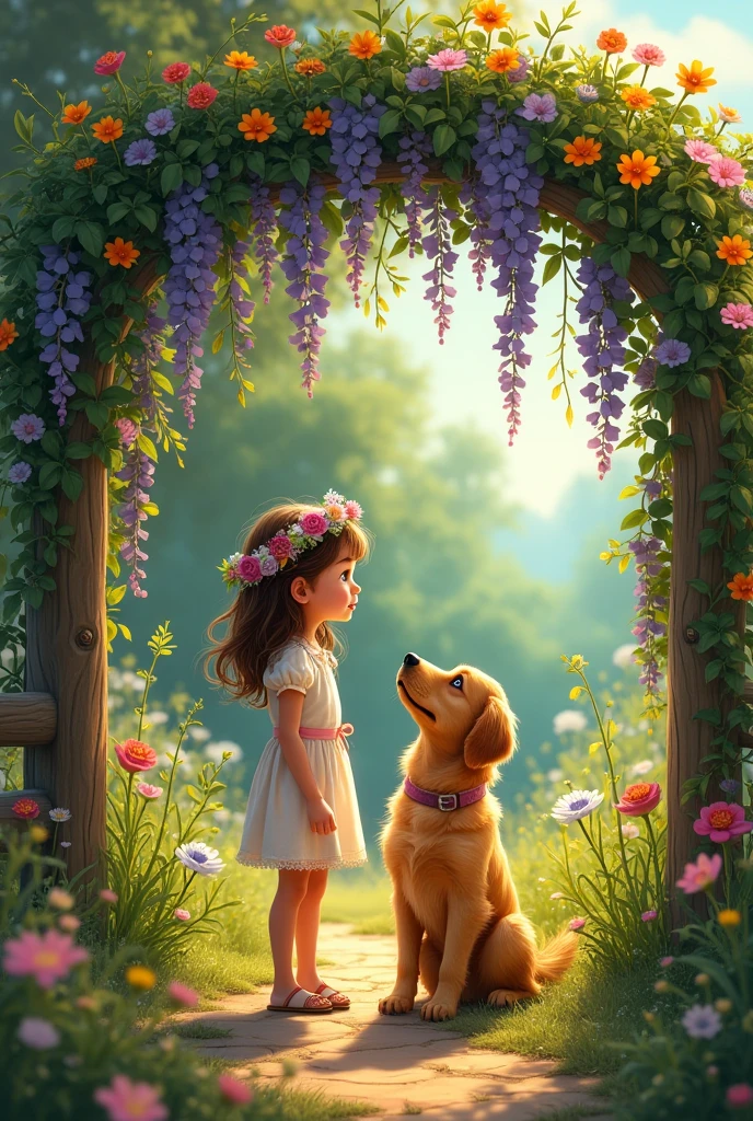 A curious brave village girl with her pet dog got astonished looking towards vines and flowers 