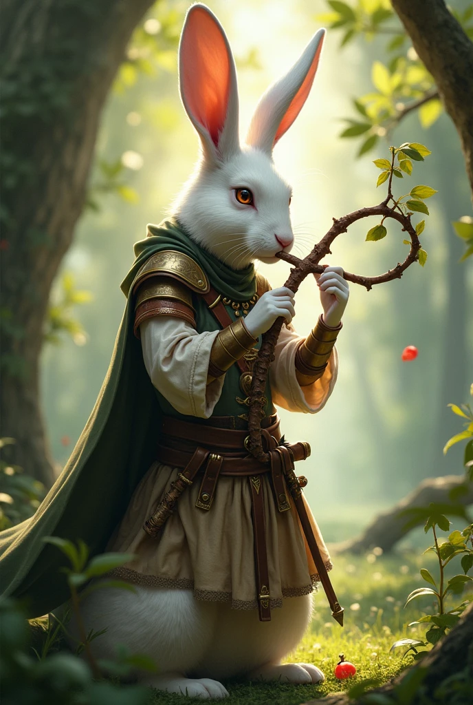 rpg style, semi-realistic, concept art style, full-body, anthropomorphic hare female with white fur, playing wooden ocarina that looks like a branch, medieval clothes, light leather armor, bard, minstrel, in the woods, forest background