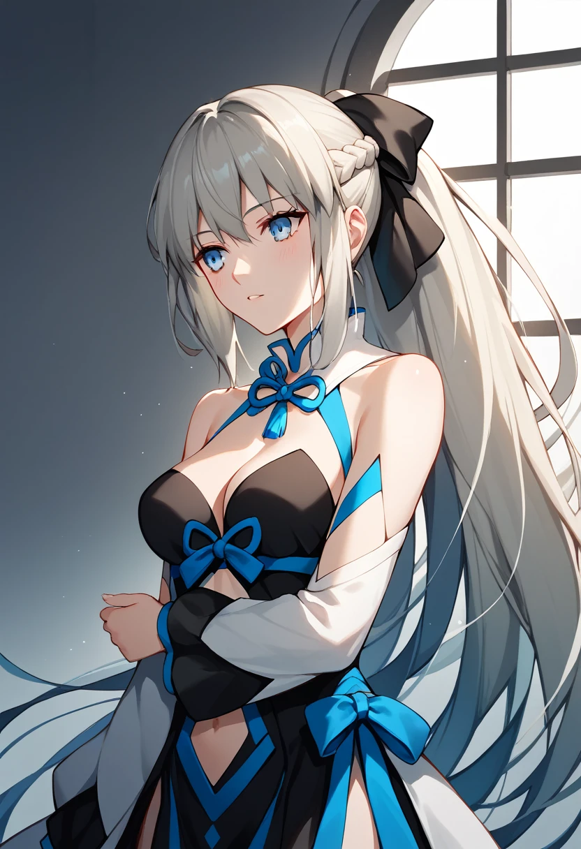 ((masterpiece)),((Highest quality)),Perfect lighting,alone,One Woman,Cowboy Shot, looking at the camera, long hair, grey hair, Blue eyes, very long hair, ponytail, black ribbon, hair ribbon, french braid, short dress, detached sleeves, cleavage, clothing cutout, detached collar, pelvic curtain, 
