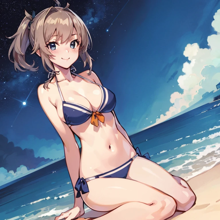 AobaKC, 
,(masterpiece:1.4),(best quality:1.4), (premium:1.4), (great illustration:1.4), (ultra-detailed:1.4),(art CG, 8K), KonishiCSA,1girl,solo,
 full body,Starry Sky,blush,smile,
(bikini:1.4),
