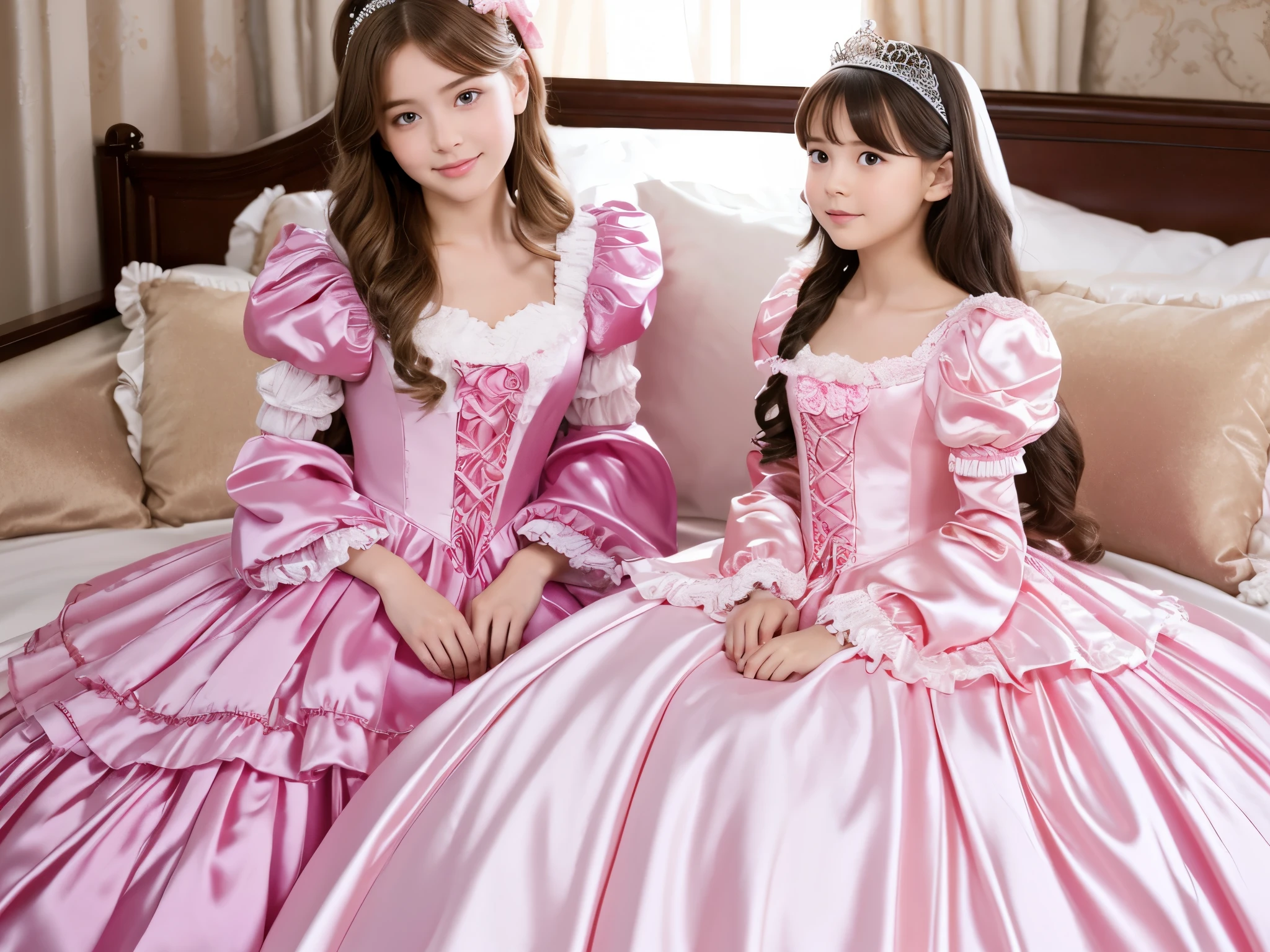 ,highest quality, masterpiece, highest resolution, artwork, super それにget used to it, many get used to it, get used to it, それにget used to it, 3k realistic pictures,,((10 year old little girls)),Ultra-detailed juvenile face,three are princesses,full length ball gown dress with hoop skirt,ruffled yoke collar,puff sleeves,long sleeve,((Lolita style hot pink detailed princess satin dress with lots of ruffles and ribbons)),Rococo style lolita fashion,shiny satin dress,Soft and smooth fabric,luxury,long blonde hair,blue eyes,white skin european,Pajama,((in the bedroom)),luxury princess canopy frilled bed,super detailed bed,lying on the bed,High-quality background,