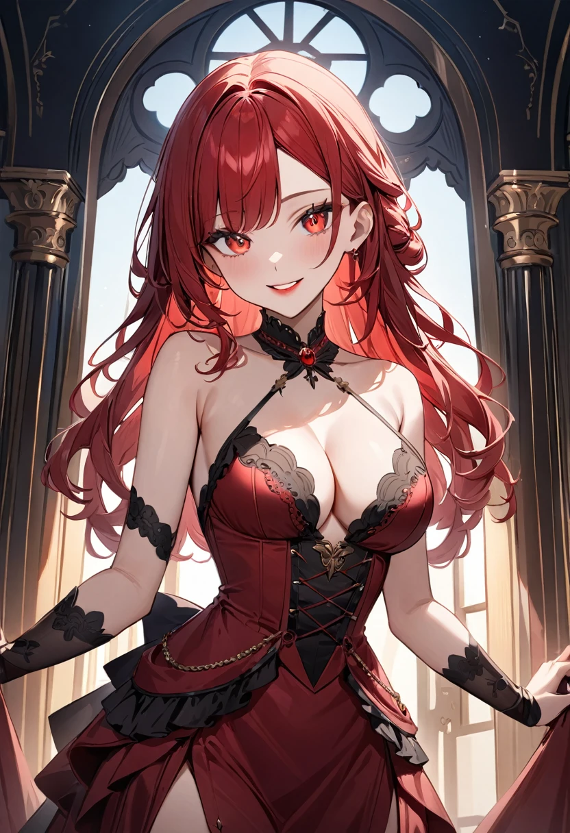 (masterpiece, top quality, very aesthetic, 4k、illustration), intricate detail, 1woman,solo,contrapposto 、(gradient eyes、tareme)、Strong glowing eyes、parted bangs,Fair skin,(cowboy shot)、Cool women、Cleavage、 smile、(red lipstick),beautiful face、(gradient hair)、(red hair)、multicolored hair,sidelock ,red eyes、halter top Victorian Dress、medium breasts、slender 、