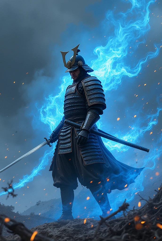 masterpiece、最high resolution、high resolution、Detailed Description、beautiful、art、One Samurai、Samurai surrounded by blue flames、beautiful甲冑、Samurai brandishing a sword、Sharp-eyed Samurai、Blue glowing eyes、The sword is engulfed in blue flames、battlefield、A tense scene、Ink Painting、Movie poster motif、Inspired by The Last Samurai、4K Graphics、