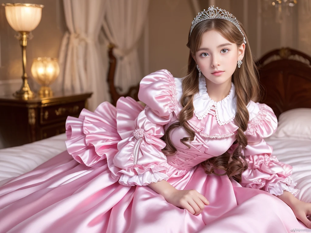 ,highest quality, masterpiece, highest resolution, artwork, super それにget used to it, many get used to it, get used to it, それにget used to it, 3k realistic pictures,,((10 year old little girls)),Ultra-detailed juvenile face,three are princesses,full length ball gown dress with hoop skirt,ruffled yoke collar,puff sleeves,long sleeve,((Lolita style hot pink detailed princess satin dress with lots of ruffles and ribbons)),Rococo style lolita fashion,shiny satin dress,Soft and smooth fabric,luxury,long blonde hair,blue eyes,white skin european,Pajama,((in the bedroom)),luxury princess canopy frilled bed,super detailed bed,lying on the bed,High-quality background,