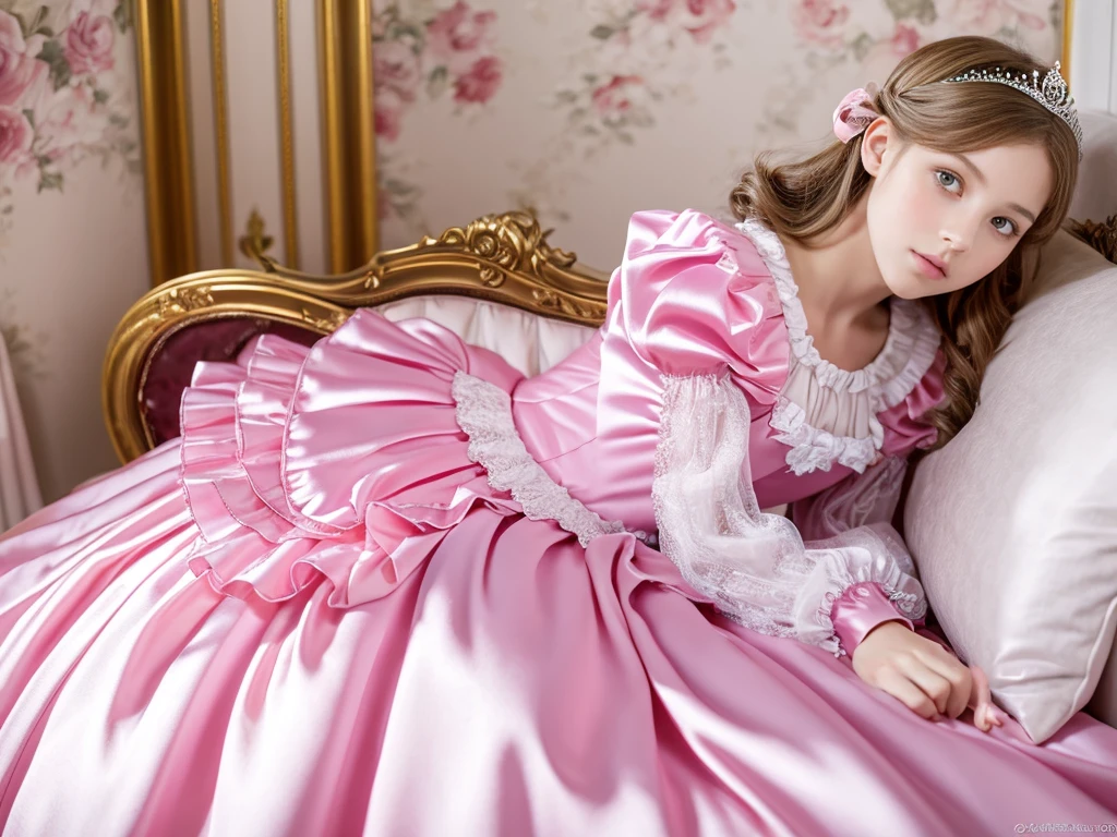 ,highest quality, masterpiece, highest resolution, artwork, super それにget used to it, many get used to it, get used to it, それにget used to it, 3k realistic pictures,,((10 year old little girls)),Ultra-detailed juvenile face,three are princesses,full length ball gown dress with hoop skirt,ruffled yoke collar,puff sleeves,long sleeve,((Lolita style hot pink detailed princess satin dress with lots of ruffles and ribbons)),Rococo style lolita fashion,shiny satin dress,Soft and smooth fabric,luxury,long blonde hair,blue eyes,white skin european,Pajama,((in the bedroom)),luxury princess canopy frilled bed,super detailed bed,lying on the bed,High-quality background,