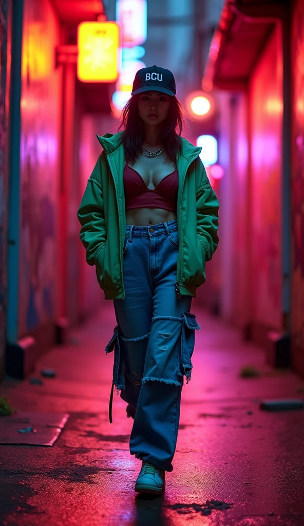 90s cartoon, 1 asian female, streetstyle hiphop fashion, baggy thick edgy loose clothing, shuffiling c-walk, footwork , expressive pose, urban allyway environment, neon lights, cinematic lighting,, extremely detailed, photorealistic, 8k, film grain, dynamic composition, high quality, masterpiece