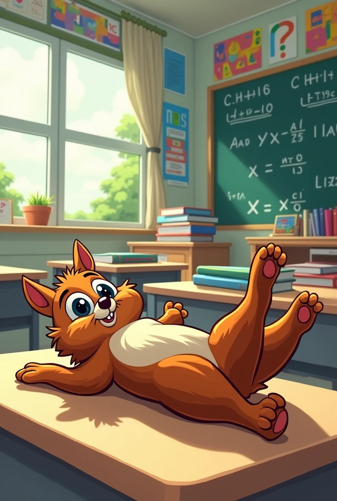 1 Dead squirrel, cartoon style, classroom in the background, x as eyes, big googly eyes, tongue out, lying on its back