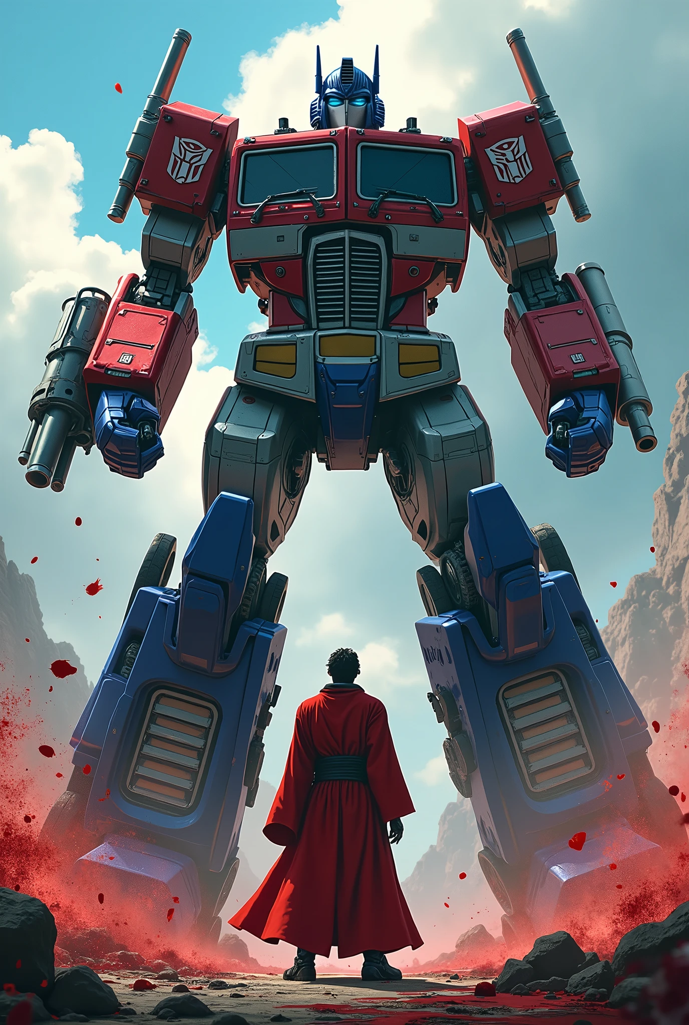 Optimus Prime, giant robot warrior, highly detailed, Tanjiro Kamado, anime character, intense battle, blood, gore, Optimus Prime victorious, hyper realistic, 8k, photorealistic, digital art, mecha, dramatic lighting, cinematic composition, intense colors, dynamic poses, extreme details, intricate machinery, glowing effects