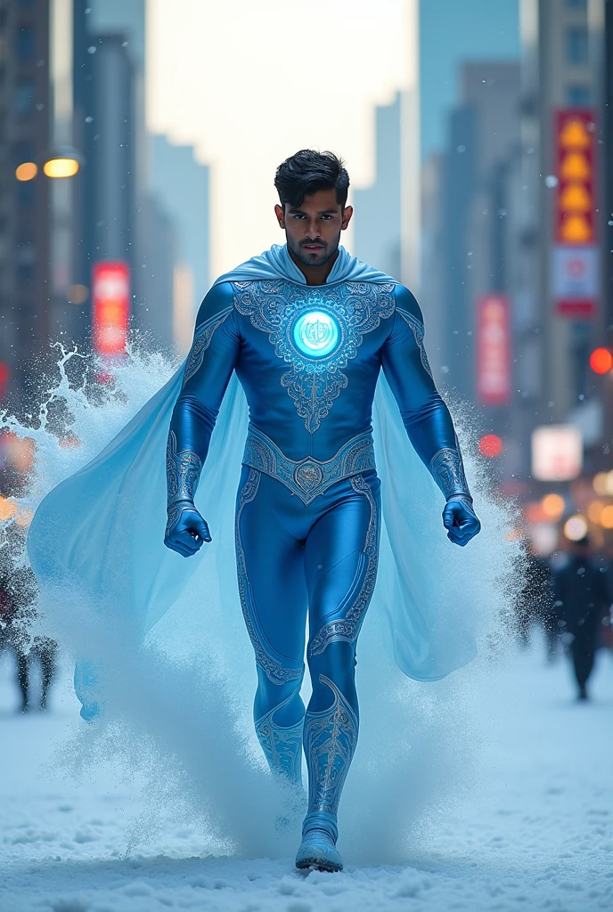 "Create an Indian superhero with the power of frozen. The character is a young man with a sleek, modern costume that reflects traditional Indian elements, like intricate patterns and a cool blue and white color scheme. His outfit includes a cape that resembles flowing ice and has a crystalline texture. His powers include creating ice structures, freezing enemies, and summoning snowstorms. His surroundings should reflect an Indian city with a mix of modern and ancient architecture. The scene is dynamic, showing him in action, perhaps freezing a river or creating an icy shield to protect civilians."