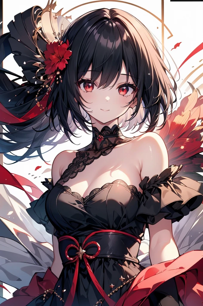 (masterpiece, highest quality, highest quality, (No text), Beautiful and aesthetic:1.2),No text,アニメ、BREAK,One Girl，Black Hair Girl　short hair　older sister　choker　Beautiful eyes　Red eyes　cool　smile　Black and Red　whole body　In town