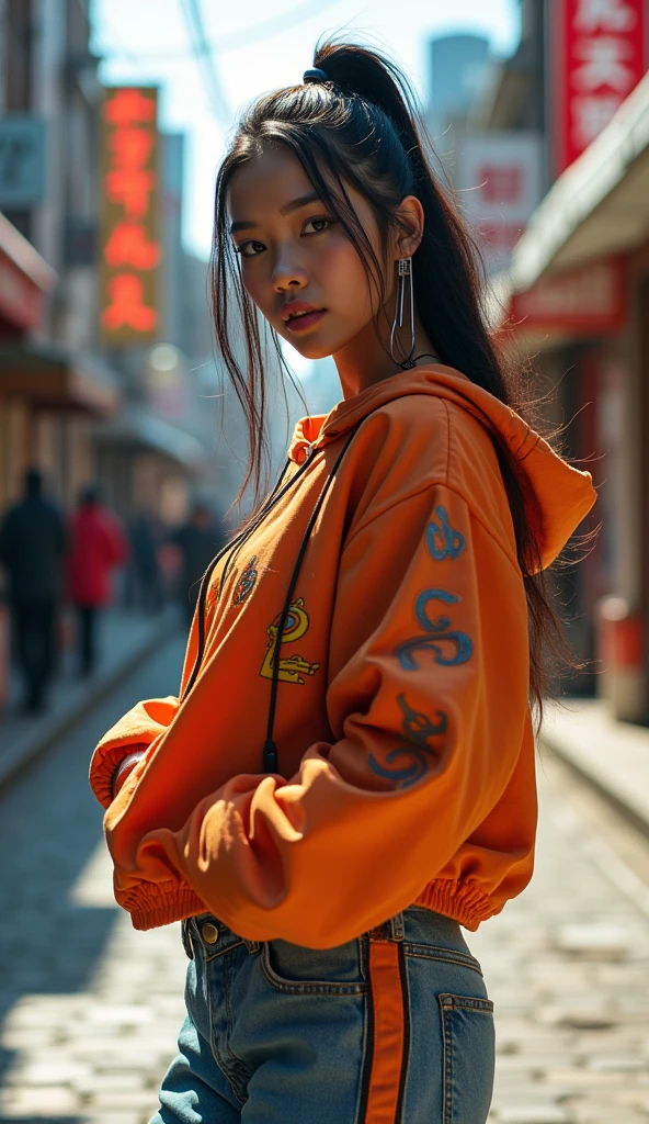 1 asian female, streetstyle hiphop fashion, baggy thick edgy loose clothing, shuffiling c-walk, footwork, detailed facial features, beautiful detailed eyes, beautiful detailed lips, extremely detailed face, long eyelashes, photorealistic, 8k, high quality, trending on artstation, sharp focus, physically-based rendering, vivid colors, dynamic lighting, cinematic composition, urban street scene, gritty realistic style