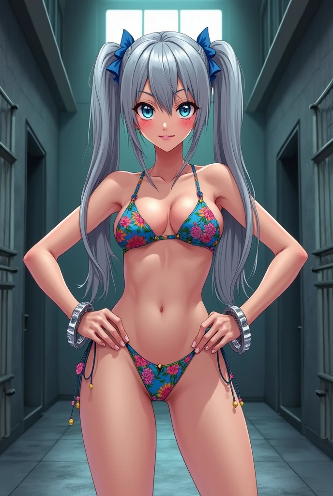 Arrested female criminal with cuffed hands with silver pigtails in bikini and wedge sandals in prison, anime, ((handcuffs))