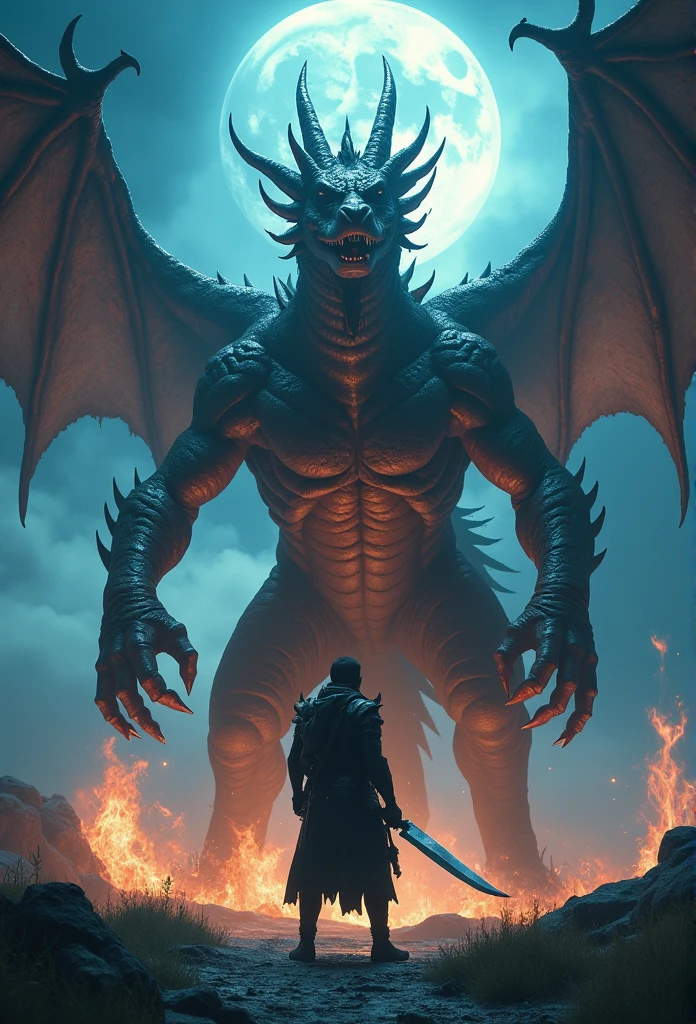 Strange monsters of the fantasy world,Thunder Dragon,Strong limbs,In flames,Blood,Covered with thick thorns,Moonlit Night,Medium shot scenes,Like the whole body,A man with a knife stands in front of me, Highly detailed surreal VFX,OC Rendering,Shot with a 70mm AR16:9 --q 2 --s 1000