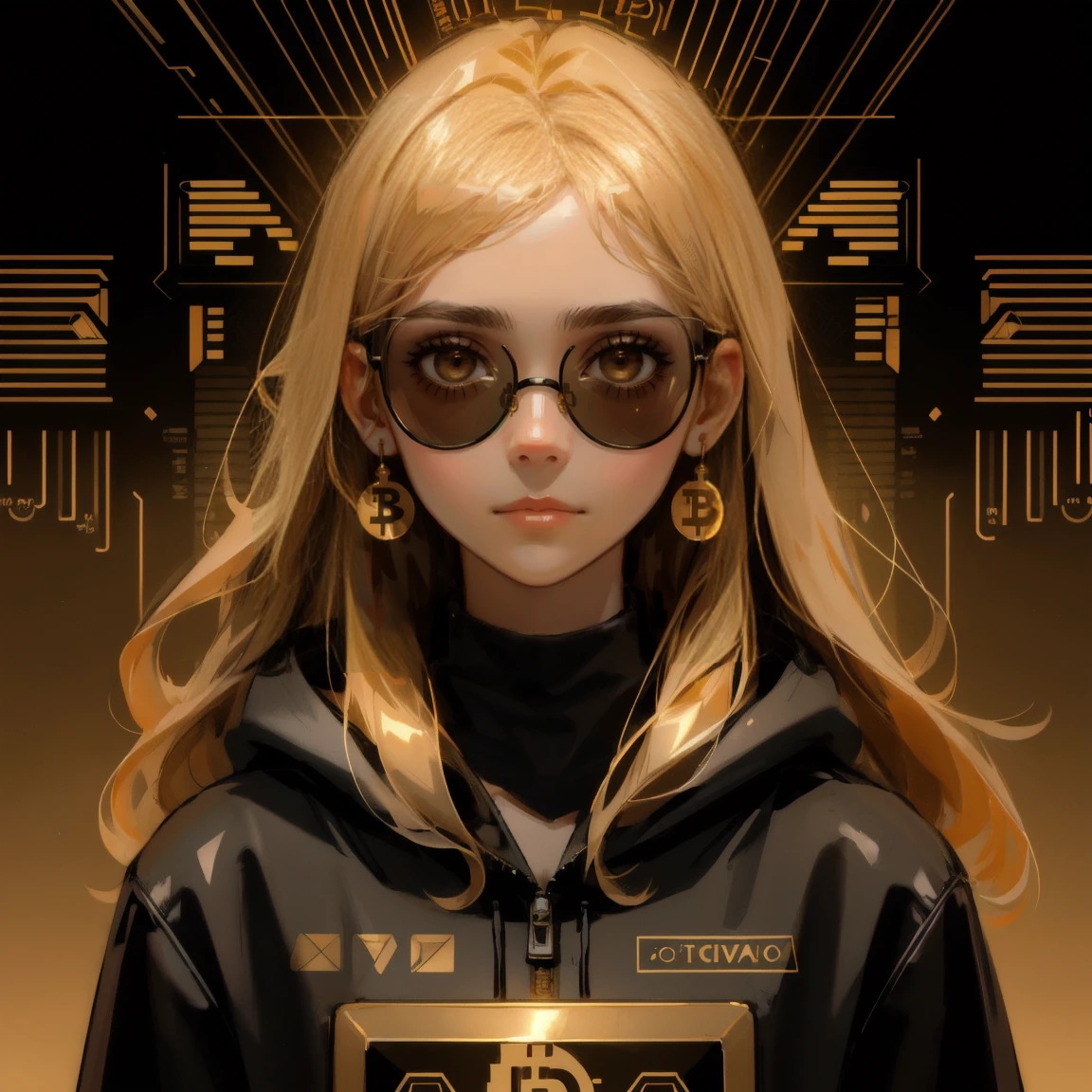 dark, moody scene featuring a girl alongside a contemplative ape. Both are wearing sunglasses reflecting golden cryptocurrency symbols with a calm, reflective expression. The background is filled with subtle patterns of digital circuits and faded Bitcoin imagery, creating a mysterious and introspective atmosphere.