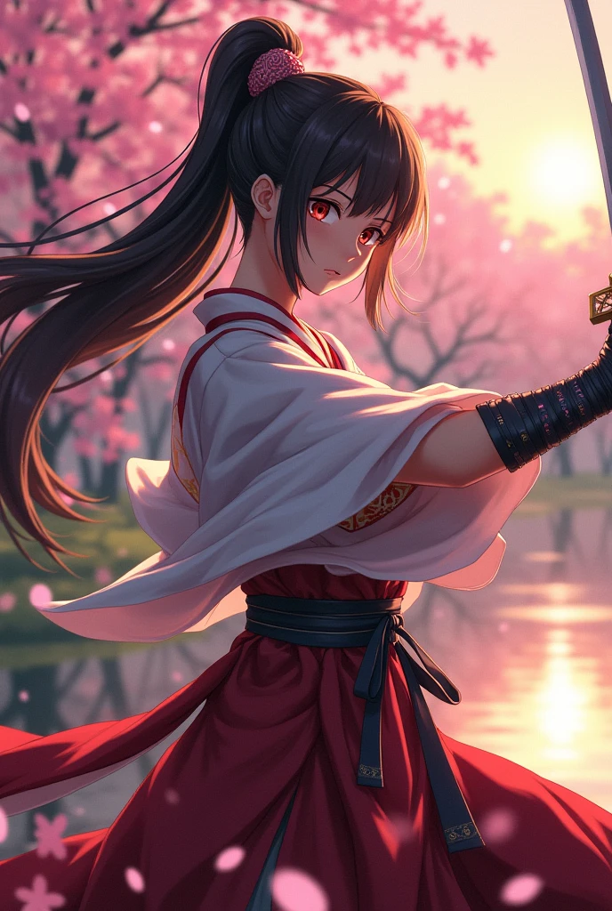 A picture of a brunette anime character holding a katana and wearing old Japanese clothes while waving a sword.