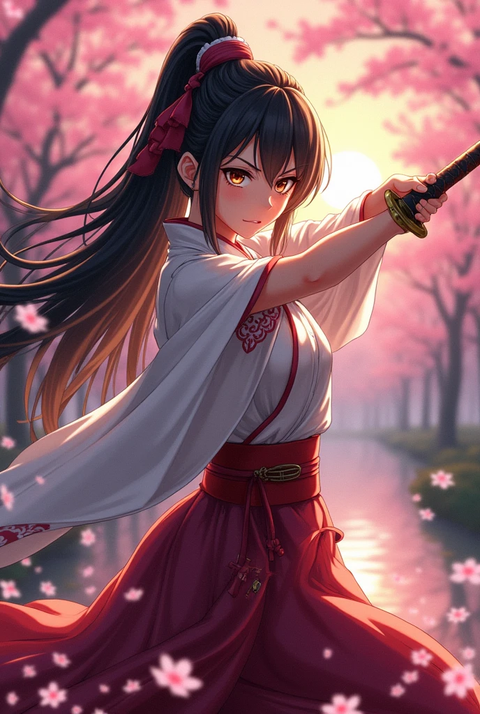A picture of a brunette anime character holding a katana and wearing old Japanese clothes while waving a sword.