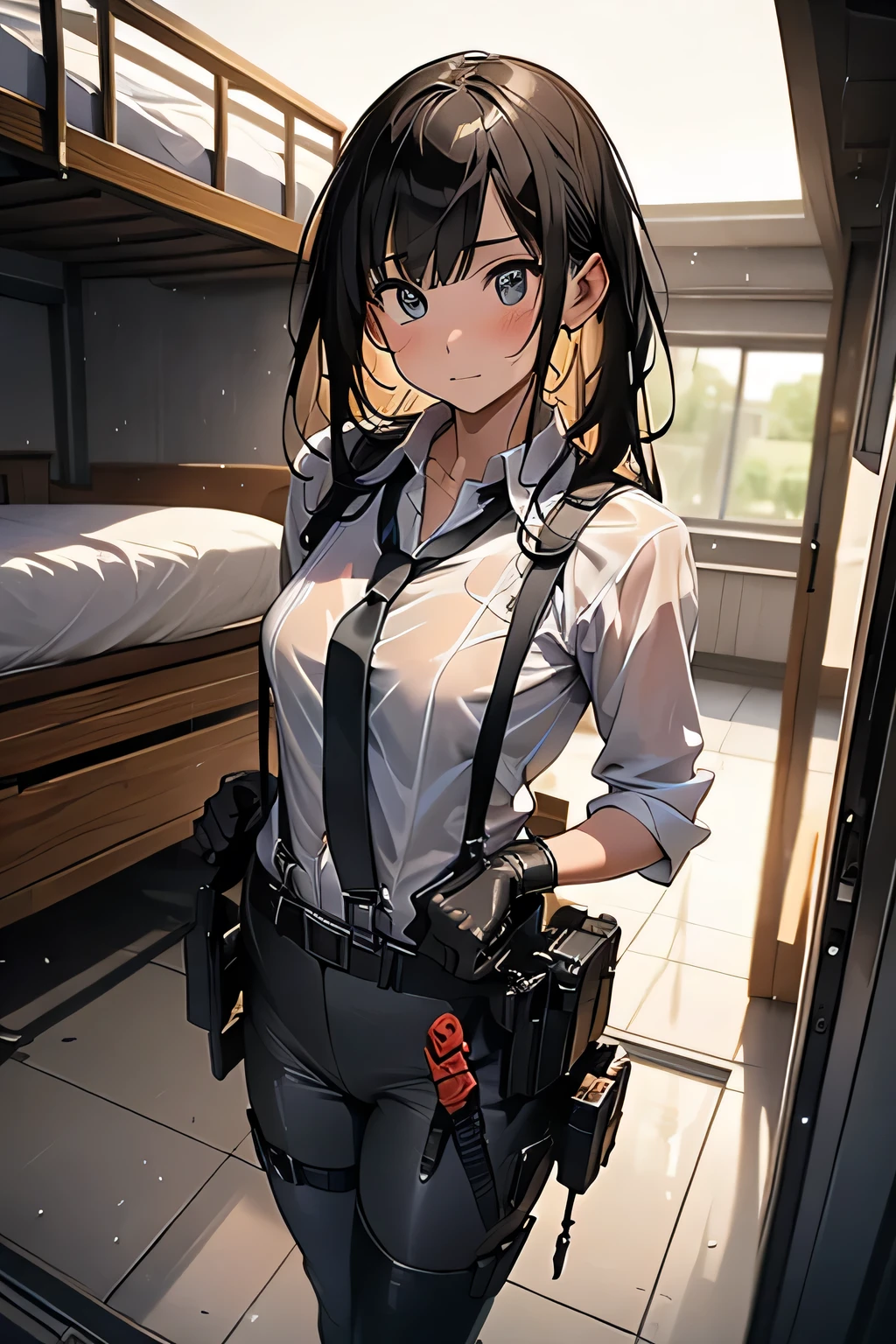 1 female, , high quality, masterpiece, Ultra-high resolution, , Cinema Lighting, , , And the suspenders with the cranes flying Large Breasts Small face holster Lying in bed Looking up Sweat belt summer 脇Sweat Black Hole Gloves suit shirt Black jacket Black trousers Leg Links ズボンにbelt holster Hands behind your back Anxious expression Looking up Anxious face, legs apart Armament Cable ties レッグholster holster See-through clothing heavy rain Getting wet in the rain