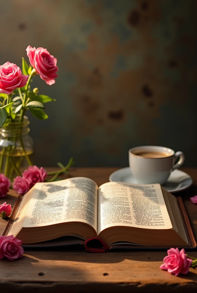 Take a deap breath, An open Bible at position 2. Petrus 3:16, Flowers on the table.