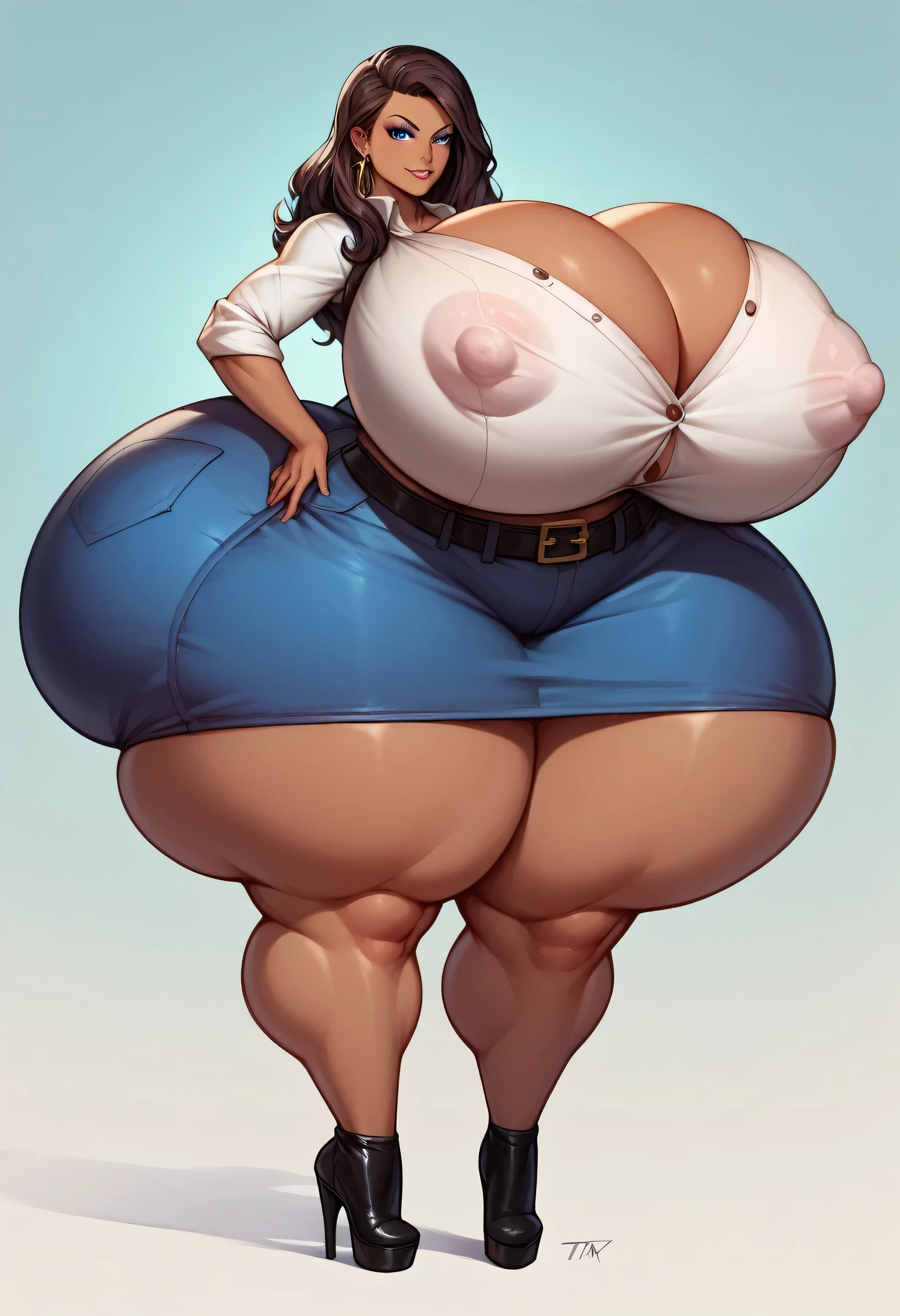 1 girl, hyper curvy Lana Kane, Archer Tv show, tight white cardigan, thick leather belt, dark skin, high heel shoes,
Hyper ass, wide hips, thick thighs,, huge wide hyper breasts, perfect face, covered nipples, fat hard nipples, goregous, expressive eyes, (office background)