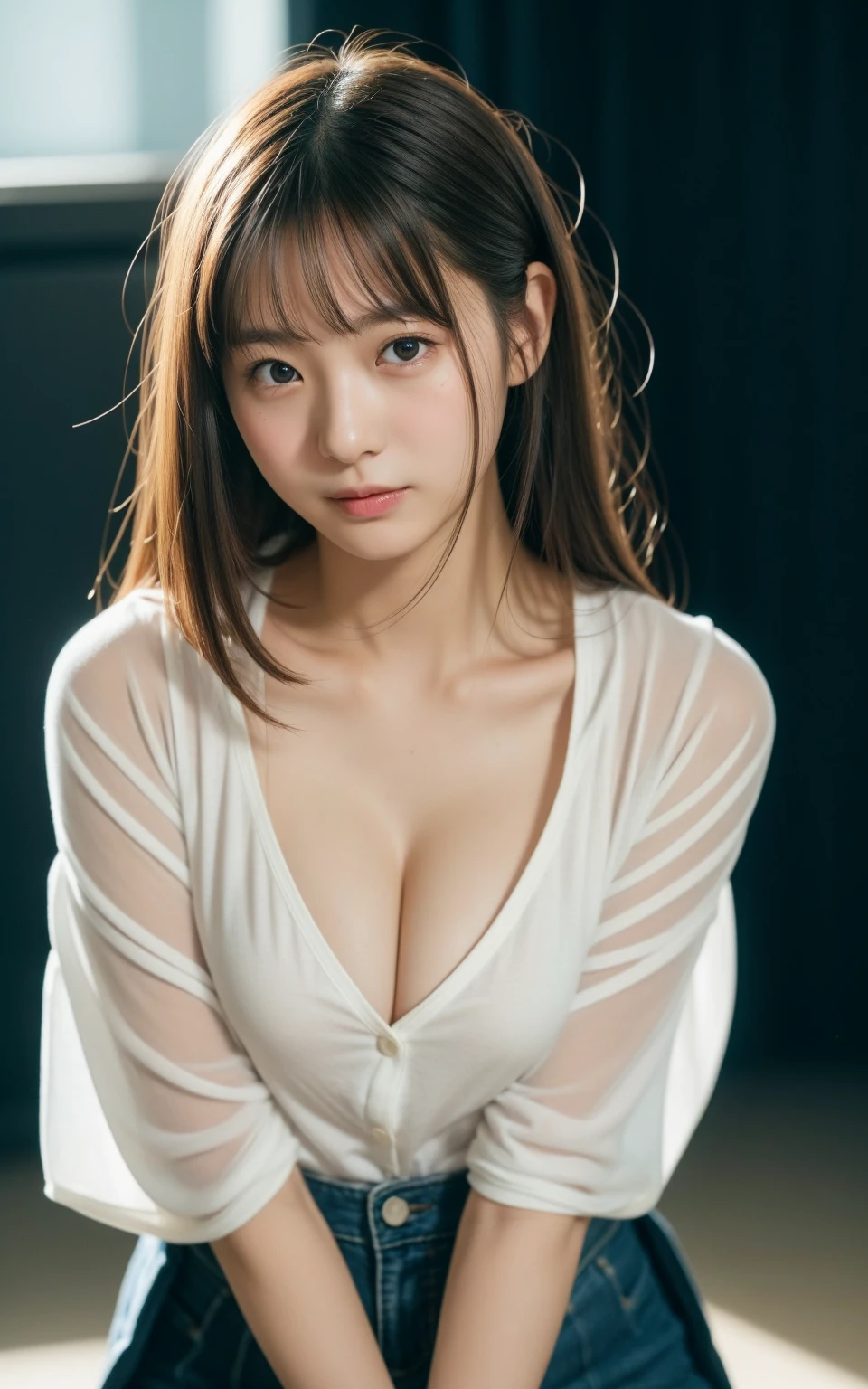 (8k、live-action、Raw photo、Highest quality、masterpiece:1.2),(In the photo studio,Front lighting:1.2),((Perfect lighting)),(濡れたhair),Watching the audience,Pose for the camera, strong,18-year-old,student,White skin,knees,Small Face,前hairを真ん中から分けます、The forehead is visible,skinny,skinny)、masterpiece,Highest quality、超A high resolution,One person, solo,Close-up shot、cute、Back to Students,(Clothes for photo shoot:1.3),High school student,Japanese women,(フォトReal:1.37)、Photon Mapping,Realistic、cuteSmall Face,Brown eyes、prospect、Depth of written boundary、Blurred Background、Real,(前hairが見える), hair, kneesが見える, thigh,(Nogizaka Idol), actress、Big and ample breasts、Cleavage、Super fine、Low people、(Skin with visible pores:1.2)、(Focus on the face)、Natural neck、Check and correct the skeleton