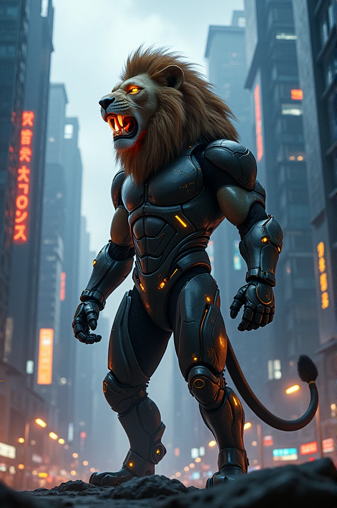 Lion anger looking with cyborg costume standing in sky scrapers 