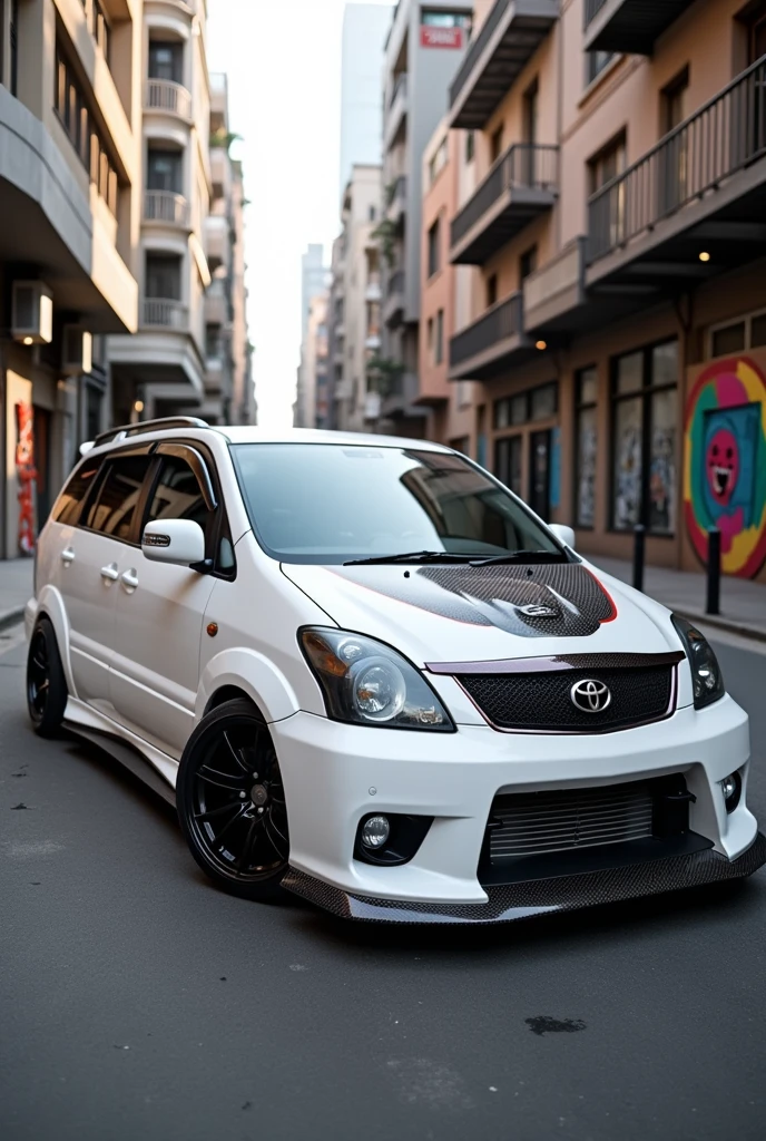 Generate a white Toyota fielder nze 2005 with carbon roofing, carbon bonet, carbon grill with black 17 inch rims 