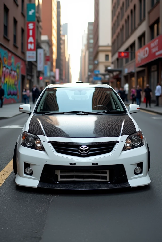 Generate a white Toyota fielder nze 2005 with carbon roofing, carbon bonet, carbon grill with black 17 inch rims 