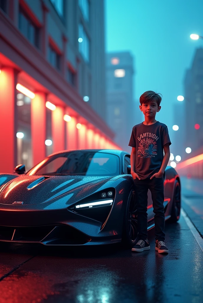 Create a stunning full HD wallpaper for Instagram featuring a young boy standing confidently beside a sleek, high-end supercar. The scene should be vibrant and dynamic, with the car showcasing its glossy, futuristic design. The boy should be styled casually yet stylishly, complementing the car's luxury without overshadowing it. Ensure the background is clean and modern, possibly a cityscape or an open road, enhancing the overall high-definition, high-energy feel of the image. Add a touch of dramatic lighting to make the supercar and the boy stand out vividly.