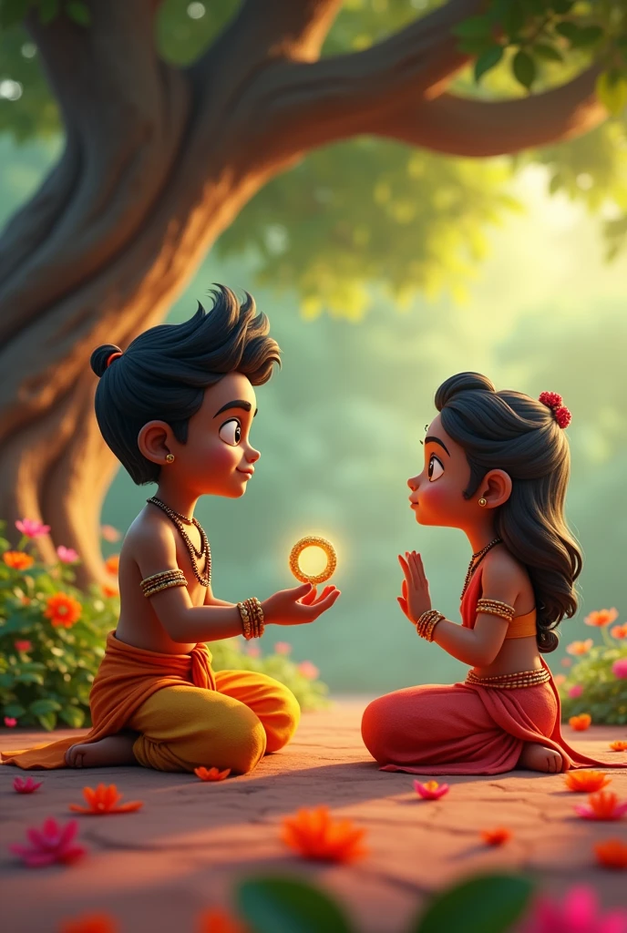 In cinematic cartoon 3d style 
Small size lord Hanumanji is seen handing a ring to a sorrowful Sita, who is sitting under a tree in the Ashok Vatika, surrounded by beautiful flowers but looking distressed. Sita is a lady 

