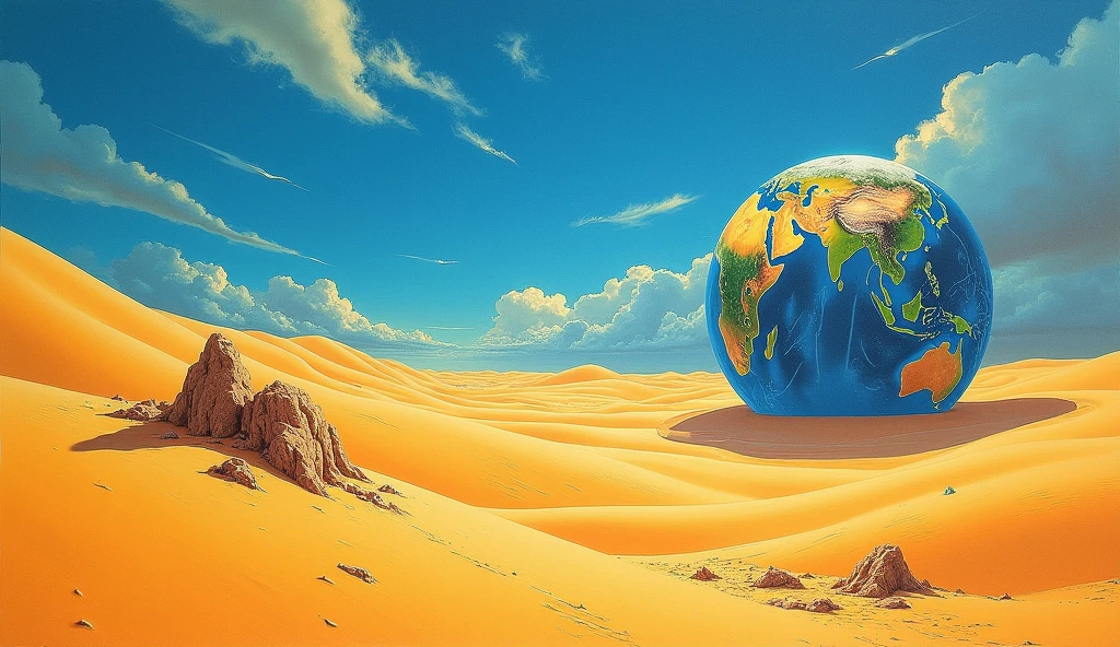 A painting by Roger Dean of a vast expanse of desert with the planet Earth, half buried in the sand.