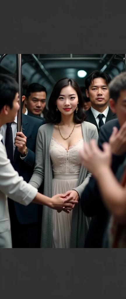 (32K:1.9, Highest quality, masterpiece, Ultra-high resolution, Professional low-angle camerawork:1.5, Very detailedな肌と顔の質感:1.4), Always accurate, Very detailed, bag, (((Crowded train:2.0, The crazy behaviour of men:2.2, The man touched her body part.:2.5))), ((25 year old Japanese woman, Big breasts on the verge of collapse:1.2, Camisole dress and cardigan:1.5, Incredibly slim body:1.3, areola is not visible)), belt, Fair skin, elegant, sense of cleanliness, Thin eyebrows, (Big eyes that exude beautiful eroticism:0.4, A shy smile:1.0, I despise you from the bottom of my heart:0.8, Please open your mouth a little, lipstick, Feel the beautiful eroticism:0.9, Dark brown medium hair), Earrings, necklace, bracelet, romantic, mysterious, Object of admiration, original, dramatic, artistic, Innovative, charm, Heartful, Fancy, Tilt, sense of loss, special, ((exciting, Extreme, sense of openness, suffering, sufferingの表現)), (((Mistakes of youth, 女性的なcharm)))