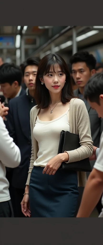 (32K:1.9, Highest quality, masterpiece, Ultra-high resolution, Professional low-angle camerawork:1.5, Very detailedな肌と顔の質感:1.4), Always accurate, Very detailed, bag, (((Crowded train:2.0, The crazy behaviour of men:2.2, The man touched her body part.:2.5))), ((25 year old Japanese woman, Big breasts on the verge of collapse:1.2, Camisole dress and cardigan:1.5, Incredibly slim body:1.3, areola is not visible)), belt, Fair skin, elegant, sense of cleanliness, Thin eyebrows, (Big eyes that exude beautiful eroticism:0.4, A shy smile:1.0, I despise you from the bottom of my heart:0.8, Please open your mouth a little, lipstick, Feel the beautiful eroticism:0.9, Dark brown medium hair), Earrings, necklace, bracelet, romantic, mysterious, Object of admiration, original, dramatic, artistic, Innovative, charm, Heartful, Fancy, Tilt, sense of loss, special, ((exciting, Extreme, sense of openness, suffering, sufferingの表現)), (((Mistakes of youth, 女性的なcharm)))