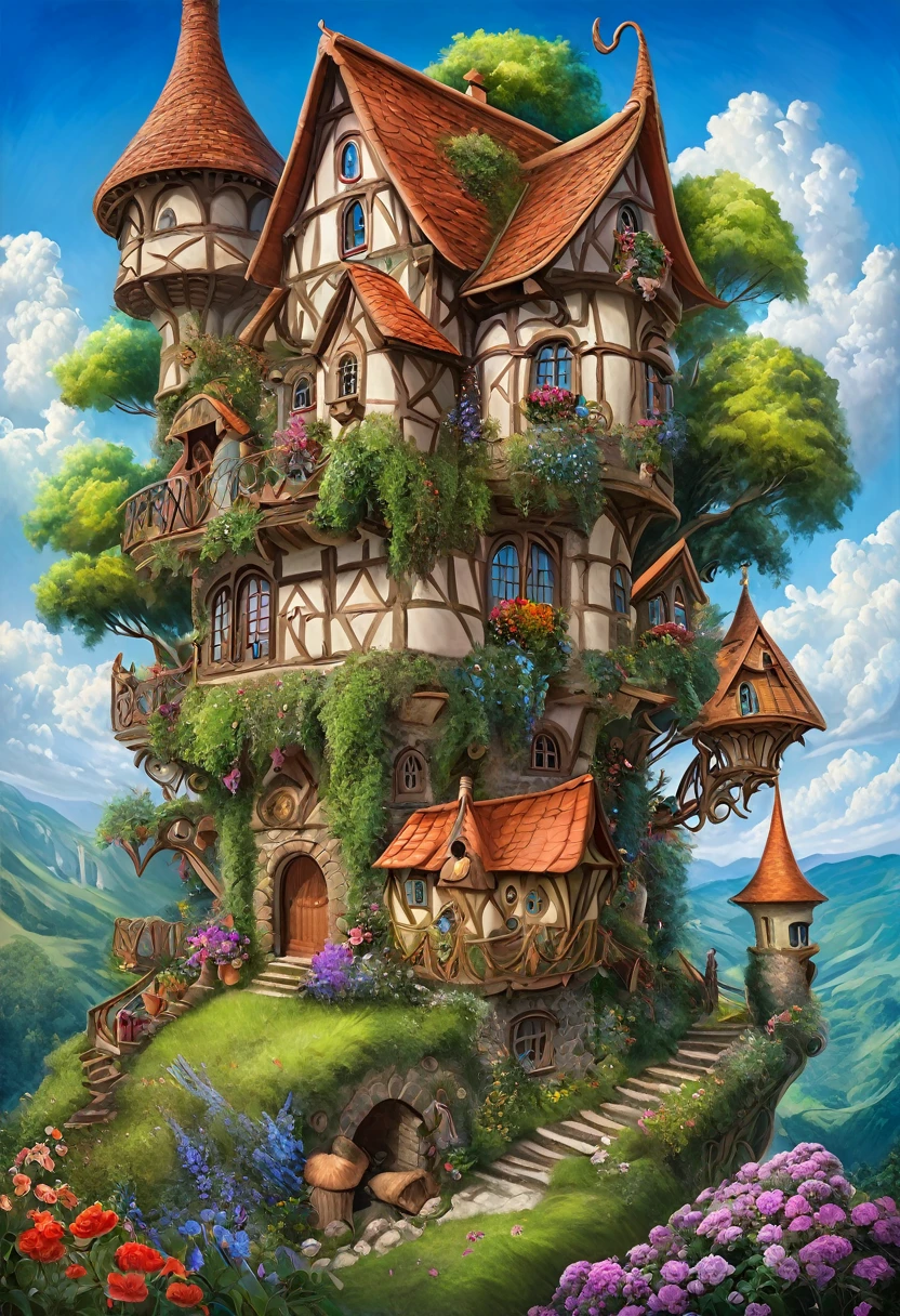 Vibrant, detailed digital painting of a whimsical, multi-story house perched on a rocky cliff. The house features a mix of wooden and stone elements, with steep, red-tiled roofs and multiple chimneys. The structure is surrounded by lush greenery, including trees, bushes, and colorful flowers, creating a lively and enchanting atmosphere. The sky is filled with fluffy, white clouds against a bright blue backdrop, adding to the overall cheerful and magical feel of the scene. The painting is rich in color and texture, with intricate details that bring the fantasy setting to life.